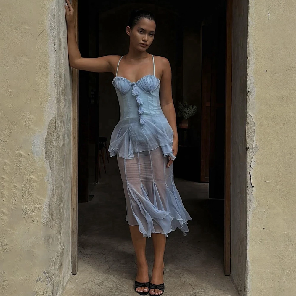 See Thru Light Blue Tiered Chiffon Evening Dress Sexy Sleeveless Mesh Ruffles Women Summer Dress Sheer Midi Length Prom Gown