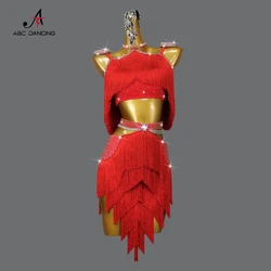 New Red Latin Dance Tassel Dress Senior Girls Competition Clothes Sexy Ballroom Skirts Adult Tops Women Practice Wear Customized