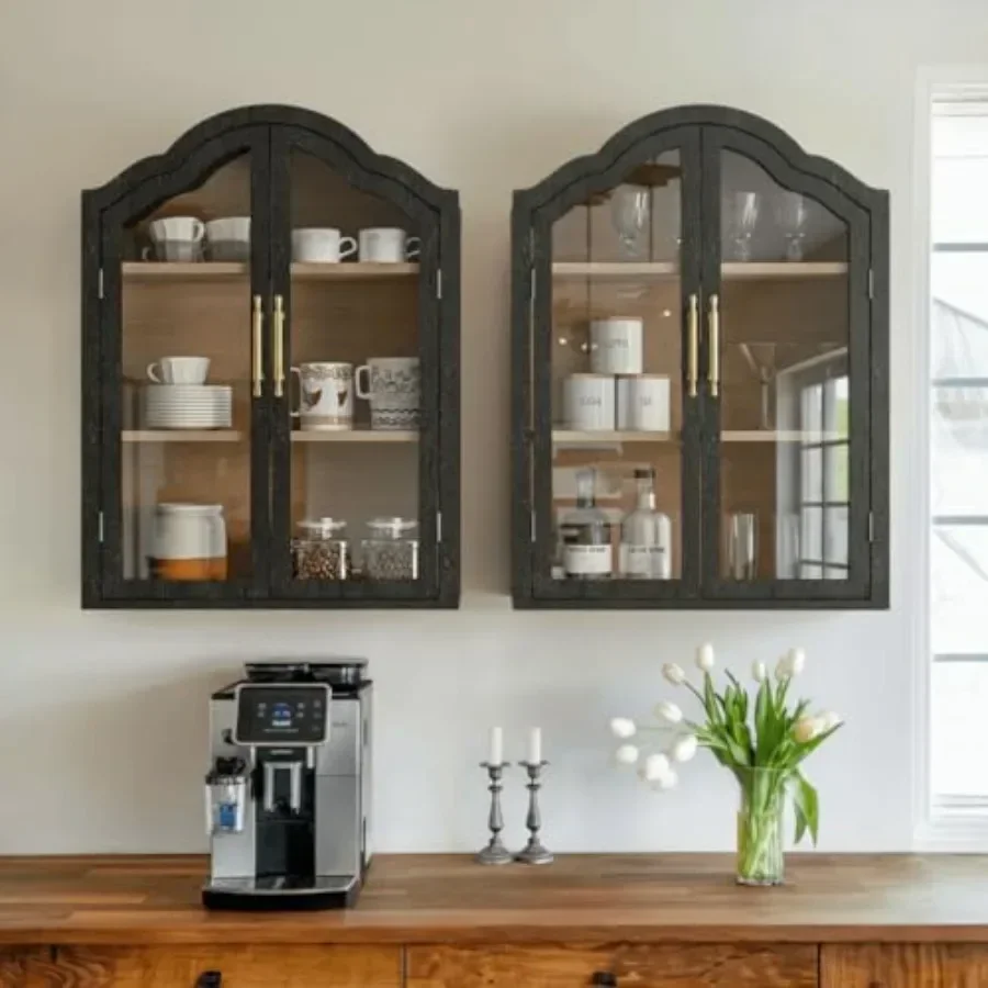 Bathroom and Kitchen Wall Cabinet with Wave Design Arch, Tempered Glass Doors, Adjustable Shelf, Above-toilet or Bookshelf Use,
