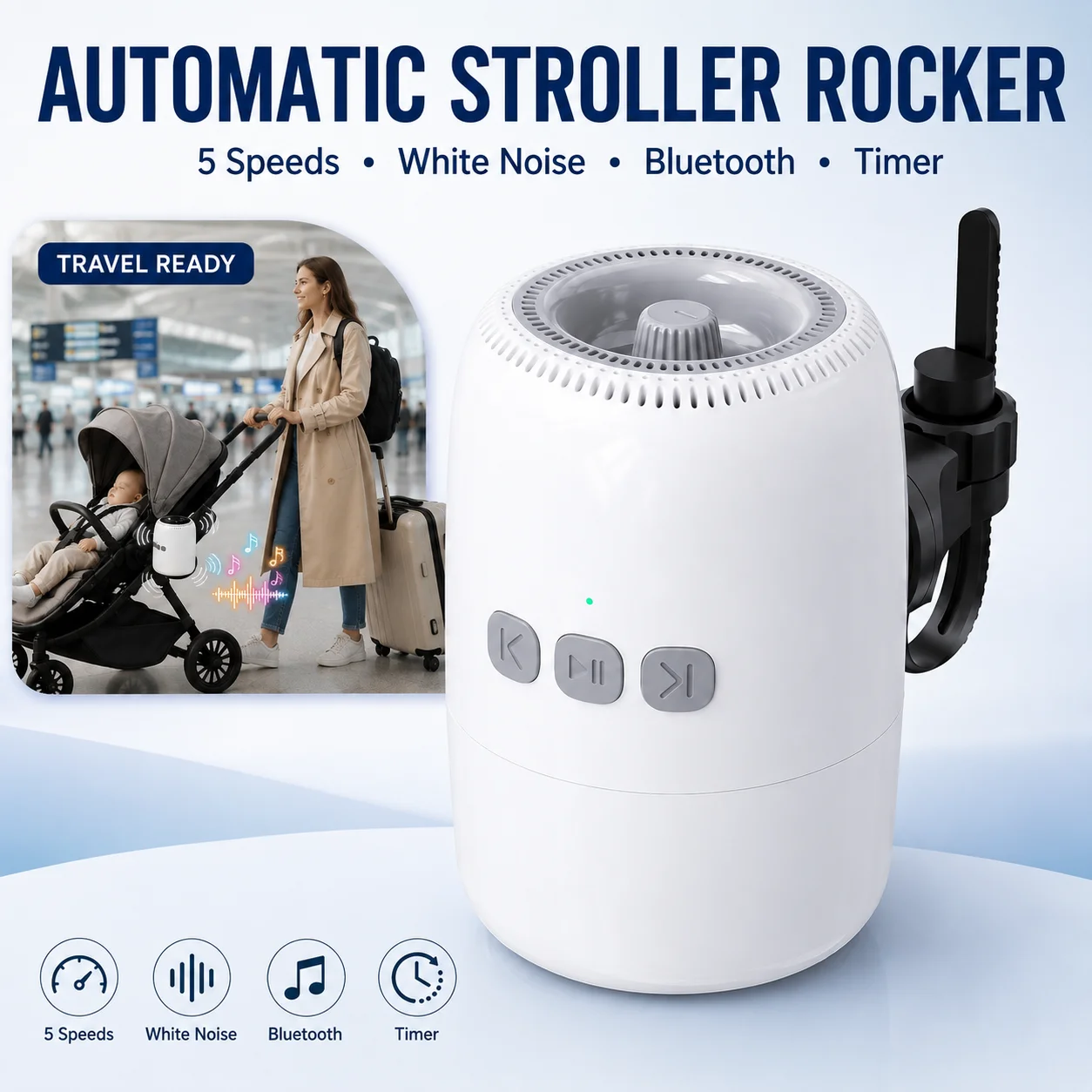 Cadeira de Balanço Recarregável para Bebês com Vibração Ajustável, Ruído Branco, Bluetooth e Clipe Universal para Carrinhos e Berços