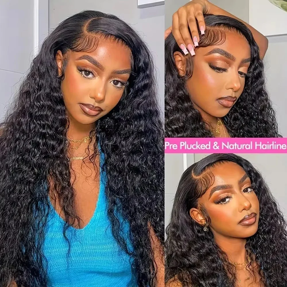 

Water Wave 5×5 Lace Front Wigs Human Hair Glueless 220 Density Ready to Wear Transparent Frontal Wig For Women Pre Plucked 1B