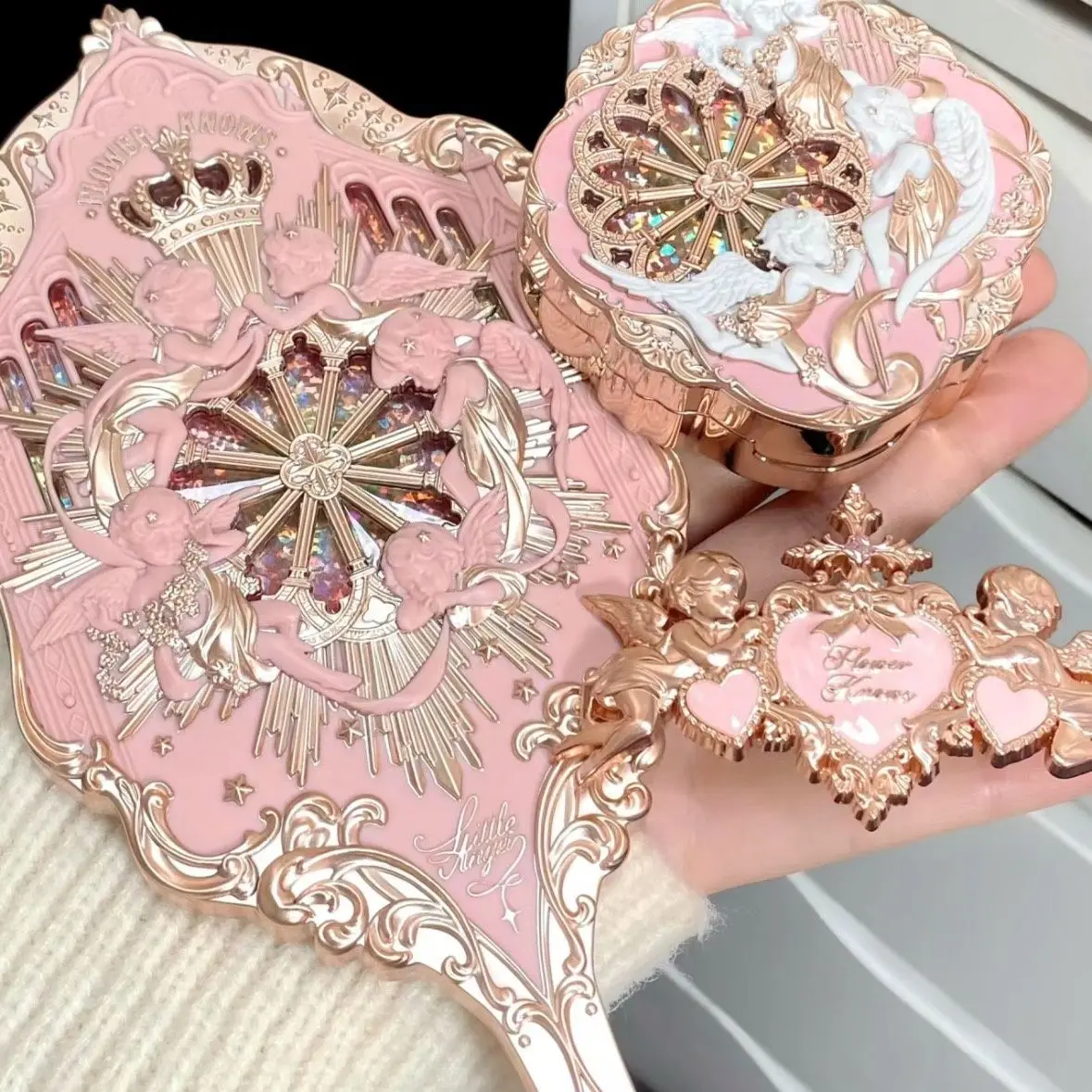 Flower Knows Peripheral Little Angel Series Cosmetic Mirror Kawaii Hand Holding Mirror 3 Types Exquisite Relief Makeup Tools