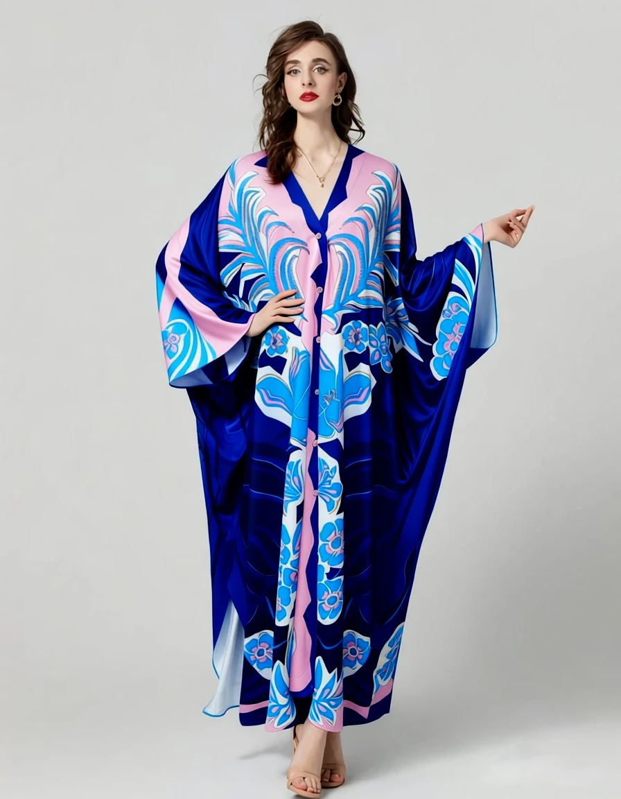 Abito lungo caftano floreale blu rosa da donna - Vestaglie da spiaggia estive con scollo a V e maniche lunghe, vestibilità ampia e fluida