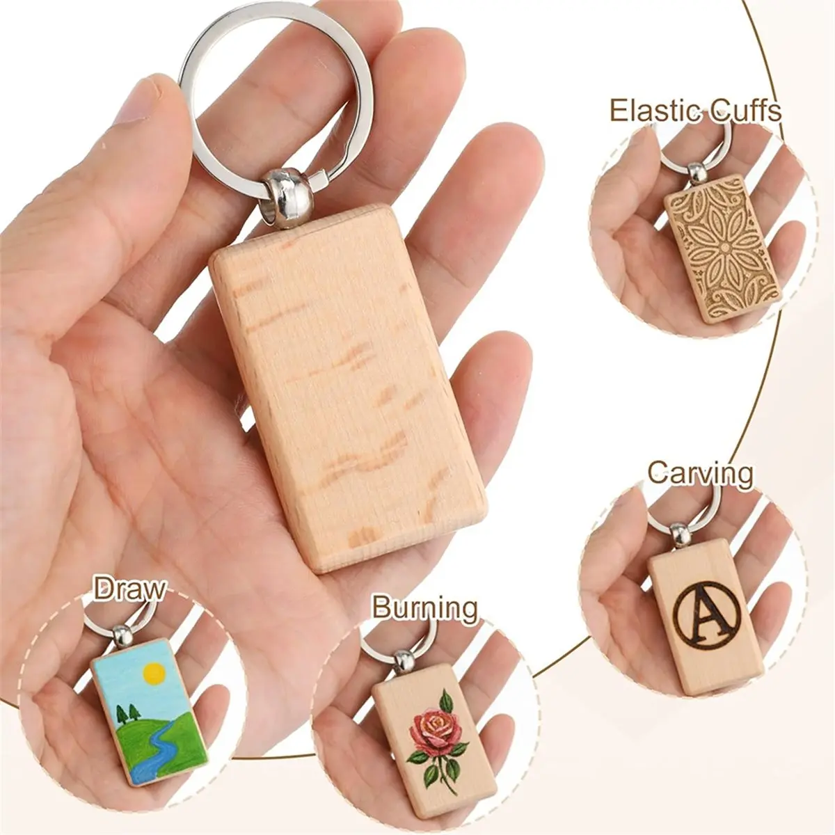 A77K 50 Pcs Wooden Keychain Blanks for DIY Crafts, Engraving, and Gifts with Key Rings