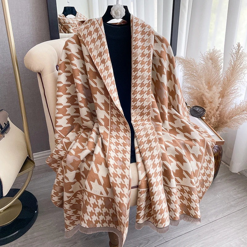 New Houndstooth Design Winter Warm Cashmere Jacquard Scarves High Quality Women Thicken Wrap Shawl Ladies Wool Pashmina Scarf