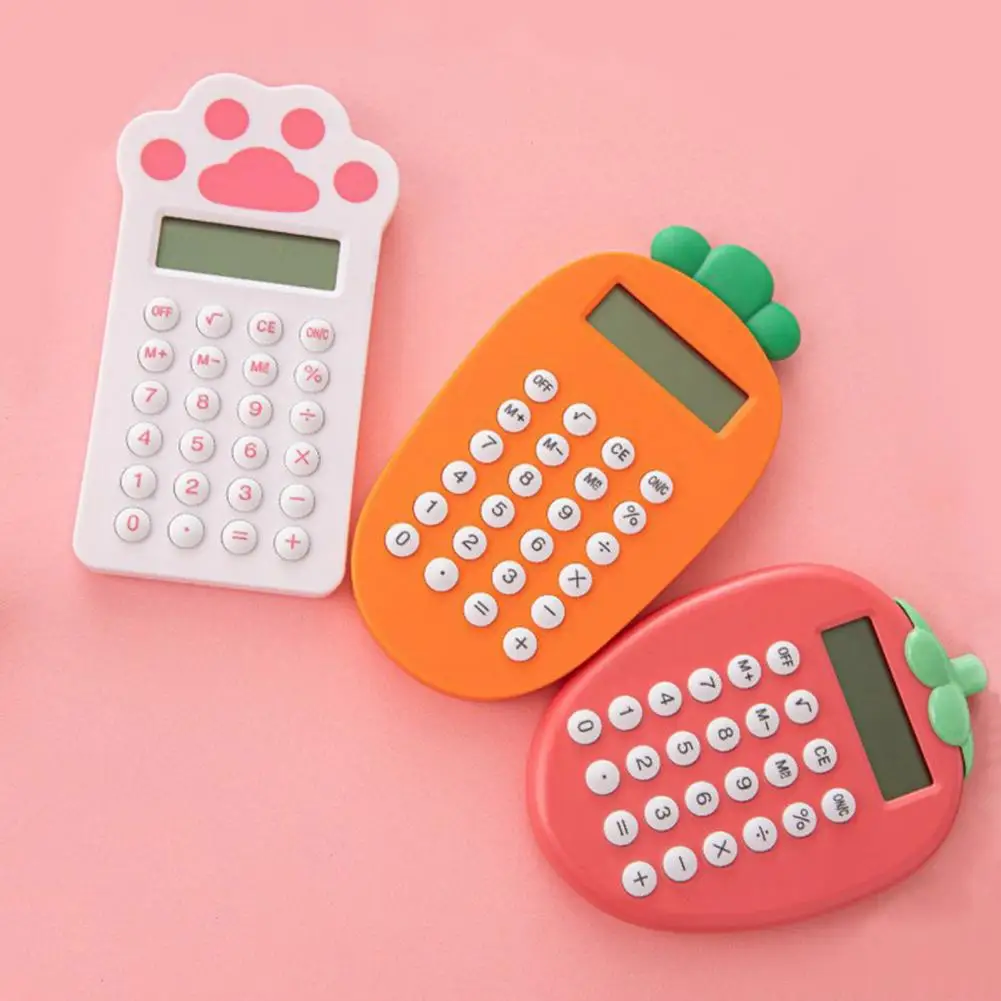 Calculadora portátil Mini Cartoon, cenoura, morango, gato, forma de pata, escola, material de escritório