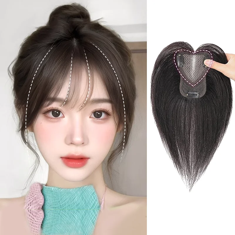 30cm Clip in Bangs 100% Real Human Hair Wipsy Fack Bangs Hair Clip With Topper Lace Bangs,360°Cover Natural Color Clip on Bangs