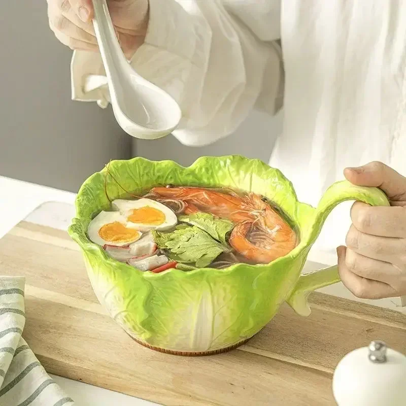 

Creative Jade Cabbage Shaped Bowl With Handle Household Dining Ceramic High-capacity Soup Bowls Dormitory Microwavable Tableware
