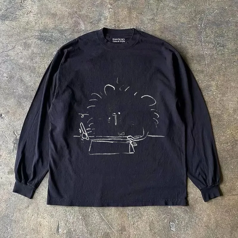 Heavyweight 310g Pure Cotton Long Sleeve T-Shirt American Retro Oversize Streetwear Versatile Comfortable Casual round Neck Top