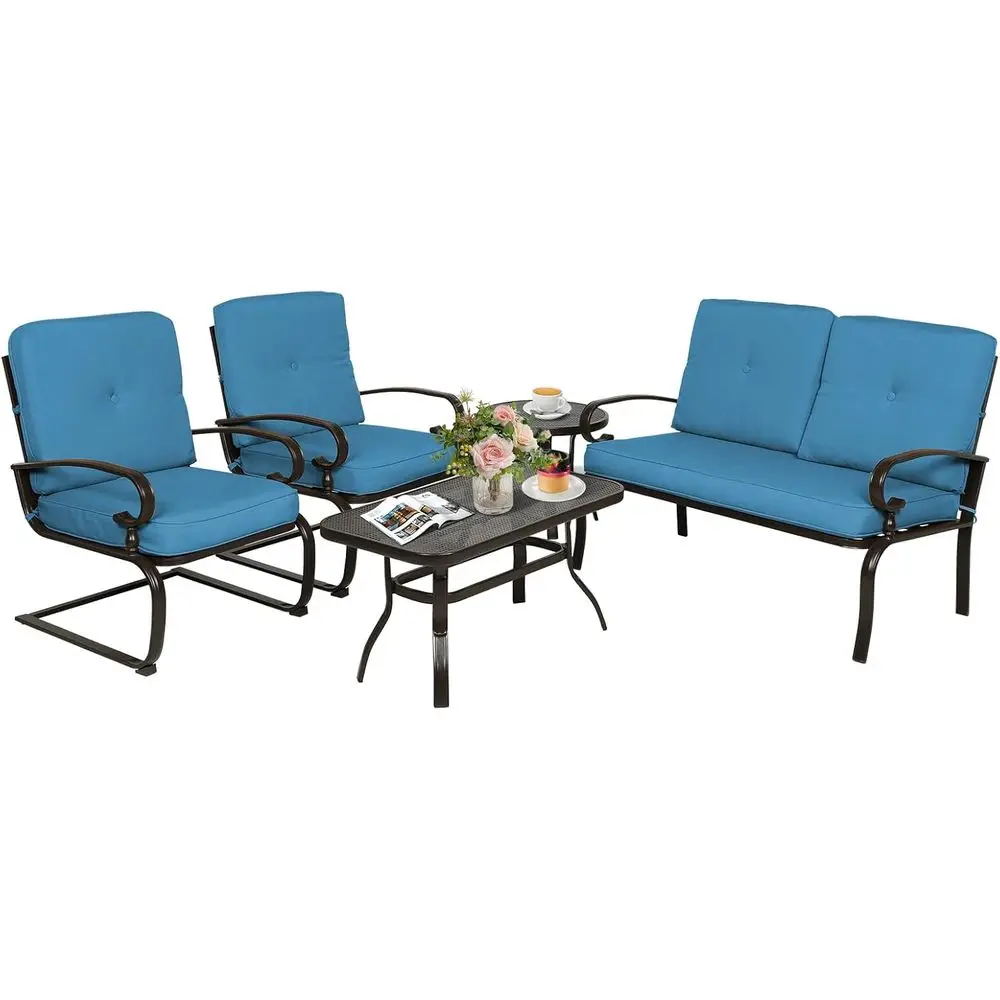 

5-Piece Metal Patio Furniture Set with Loveseat, Coffee Table, Bistro Table, and 2 Spring Chairs - Blue Cushioned Wrought Iron C