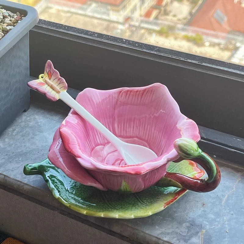 

Korean Style Ins Cups and Saucers Ceramic Underglaze Color Dessert Dish Hand Drawn Rose Coffee Mugs Home Afternoon Tea Set