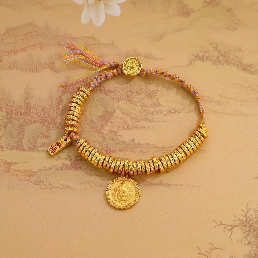 Fylia Jewelry   Fashion 24K real gold Yellow God of Wealth coiled braided hand rope Ping An 999 pure gold joy button Chinese sty