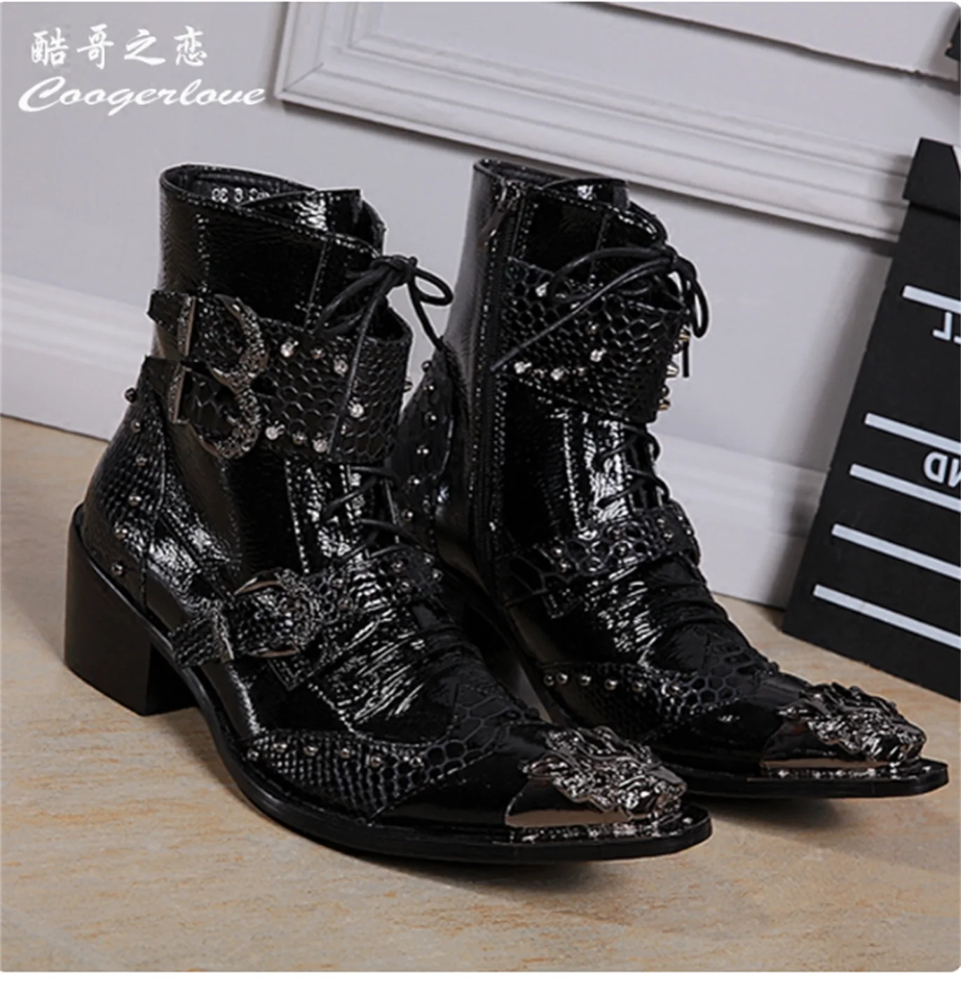 

Autumn pointed iron toe shoes, black British rivet high top shoes, low heel 4.5cm