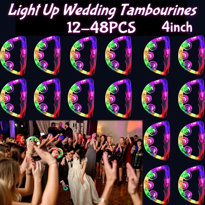 

12-48Pcs Light Up Tambourines For Adults LED Noisemaker Mini Tambourine Dance Floor Props Wedding Party Favors