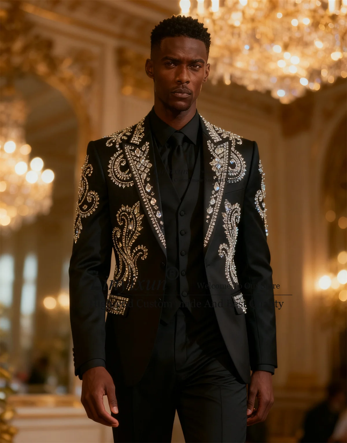 

Glitter Beaded Diamond Tuxedo Men Suits 3 Piece Sets Wedding Groom Male Blazers Customized Peaked Lapel Party Costume Homme