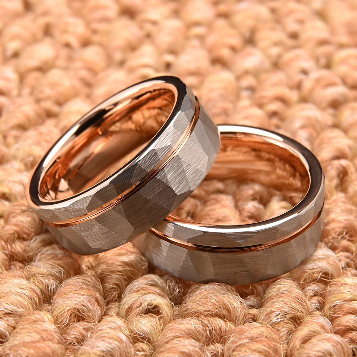 

8MM Rose Golden Tungsten Carbide Ring, Men's Wedding Bands, Hammered Design, Fashion Jewellery,Couple Rings,Anniversary Gift