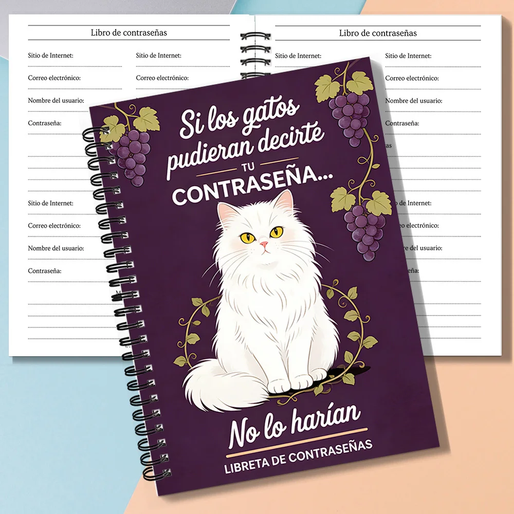 1PC Cahier à spirale blanc avec motif chat et raisin, style espagnol, pour femmes, pour la sécurité des données personnelles et la gestion des mots de passe.