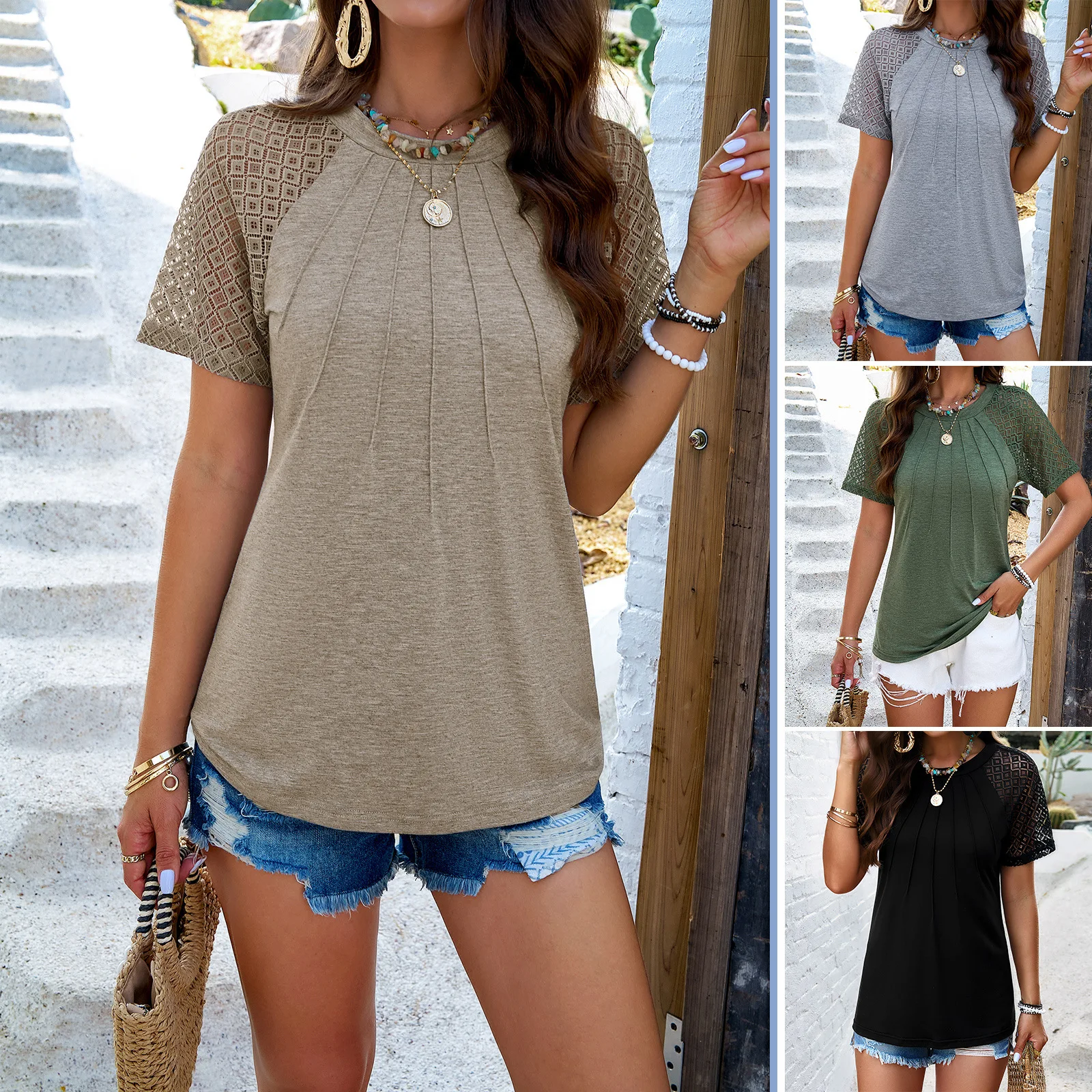 

Women's Clothing Independent Station 2025 Spring And Summer Foreign Temperament Round Neck Short Sleeve Solid Color T-shirt Top