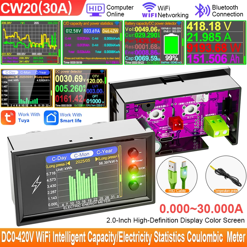 CW20 420V 30A WiFi Tuya probador de detección de capacidad de batería de litio Digital inteligente pantalla CC medidor de Coulomb de corriente de voltaje