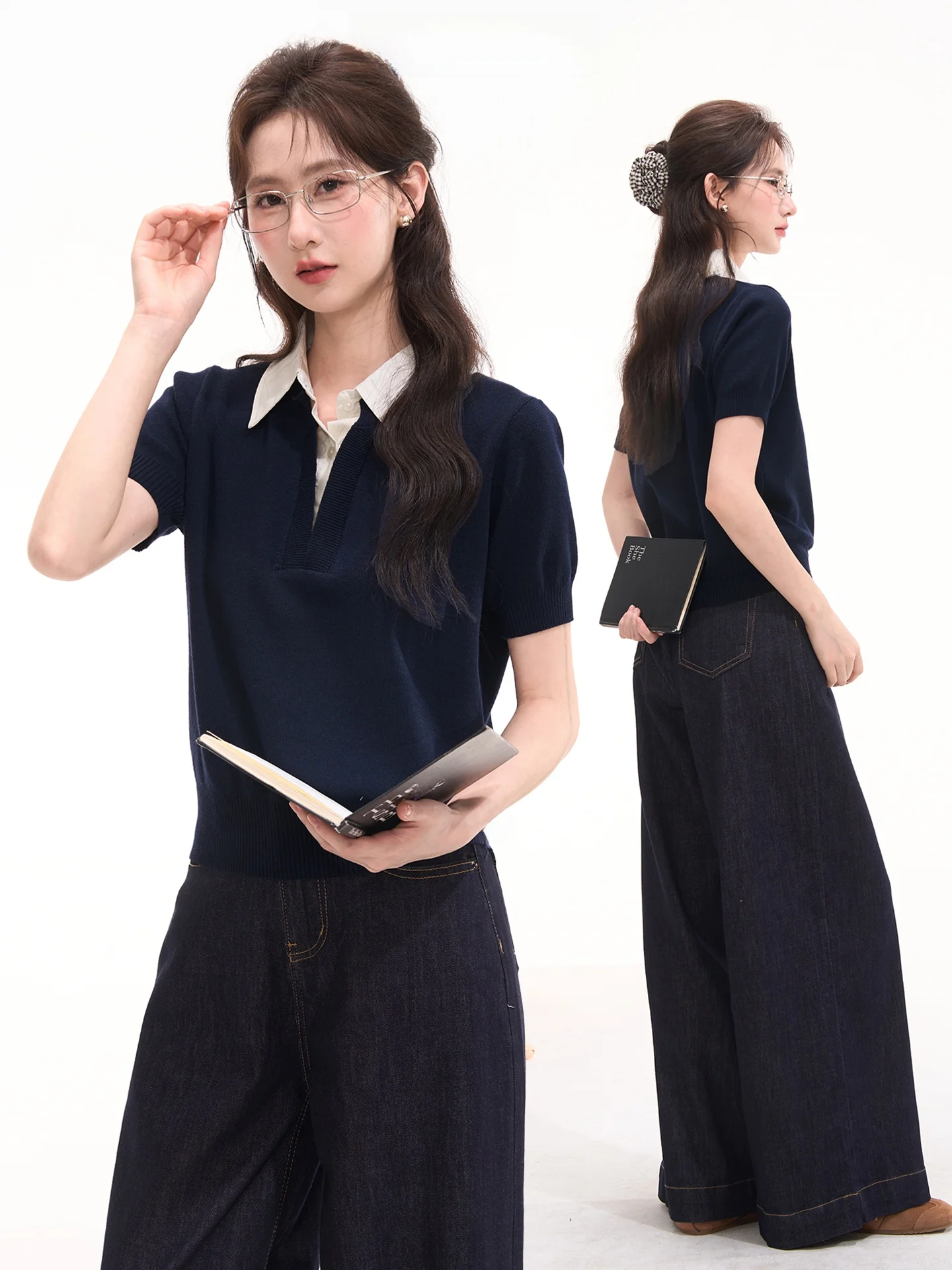 

Heme Korean Style Knitted Shirt Collar Top Women's Fashion Versatile Chestnut Color Fake Two-Piece Loose Fit Summer Top