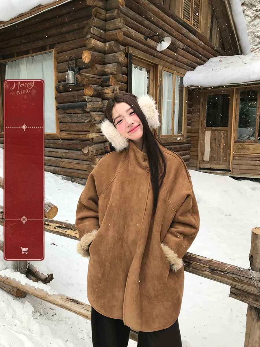 

Теплое винтажное замшевое женское пальто свободного кроя с меховой подкладкой, прочное, для повседневной носки, с длинными рукавами