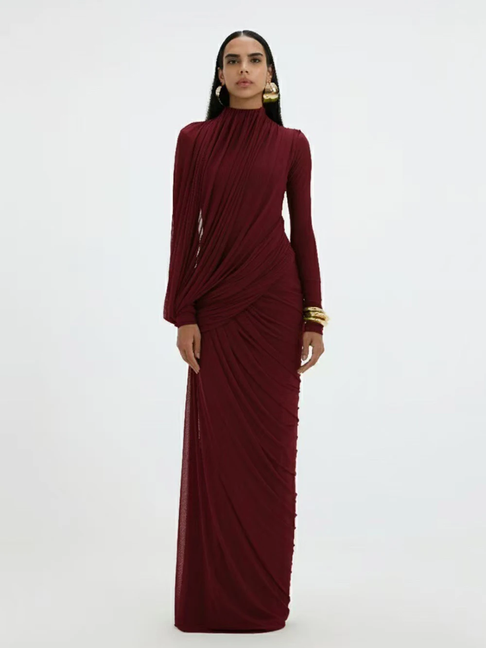 

European and American 2026 Spring New Round Neck Long Sleeve Knitted Fabric Wrinkle Design Slimming Dress for Women