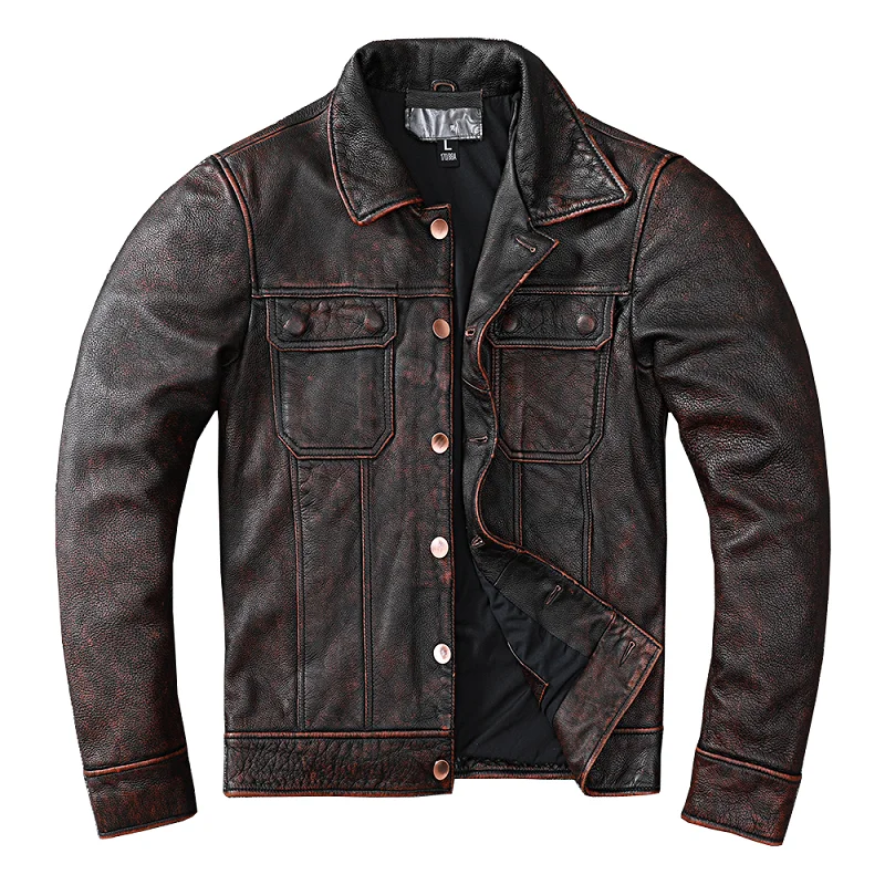 New Vintage Brown Workwear Style Cowboy Genuine Leather Jacket Natural Cowhide Coat Men\'s Stone Mill Old Style Clothes