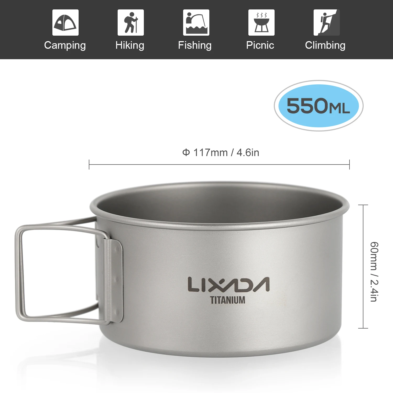 Campingkom Dinerkom Lixada Titanium kom met inklapbare handgrepen Dinervoedselcontainer voor buiten kamperen Wandelen Backpacken
