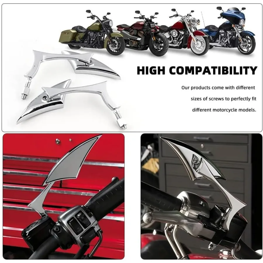 Chrom-Motorradspiegel in Fledermausform, Upgrade-Rückspiegel für Harley Road King Sportster Street Glide und langlebiges Metall