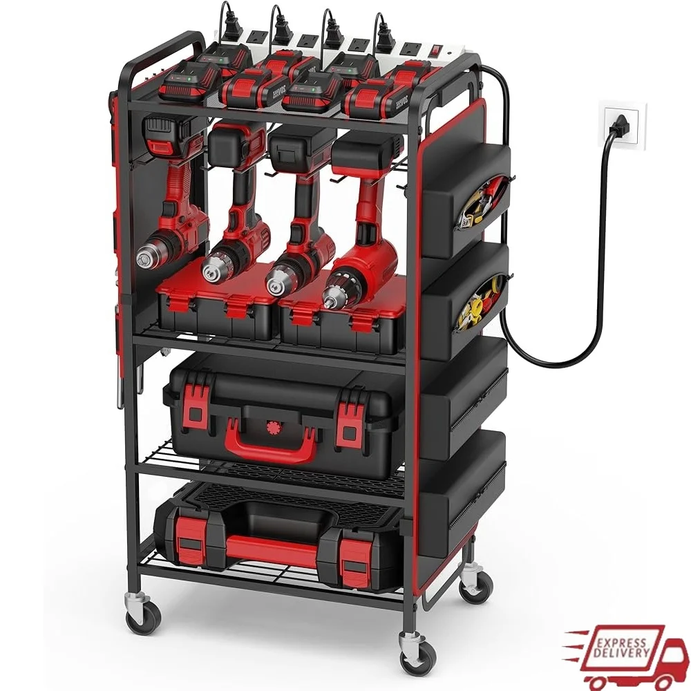 

Large Power Tool Organizer Cart with Charging Station Heavy Duty Tool Bag Storage Rack 8 AC Outlets Mobility Efficiency Garage