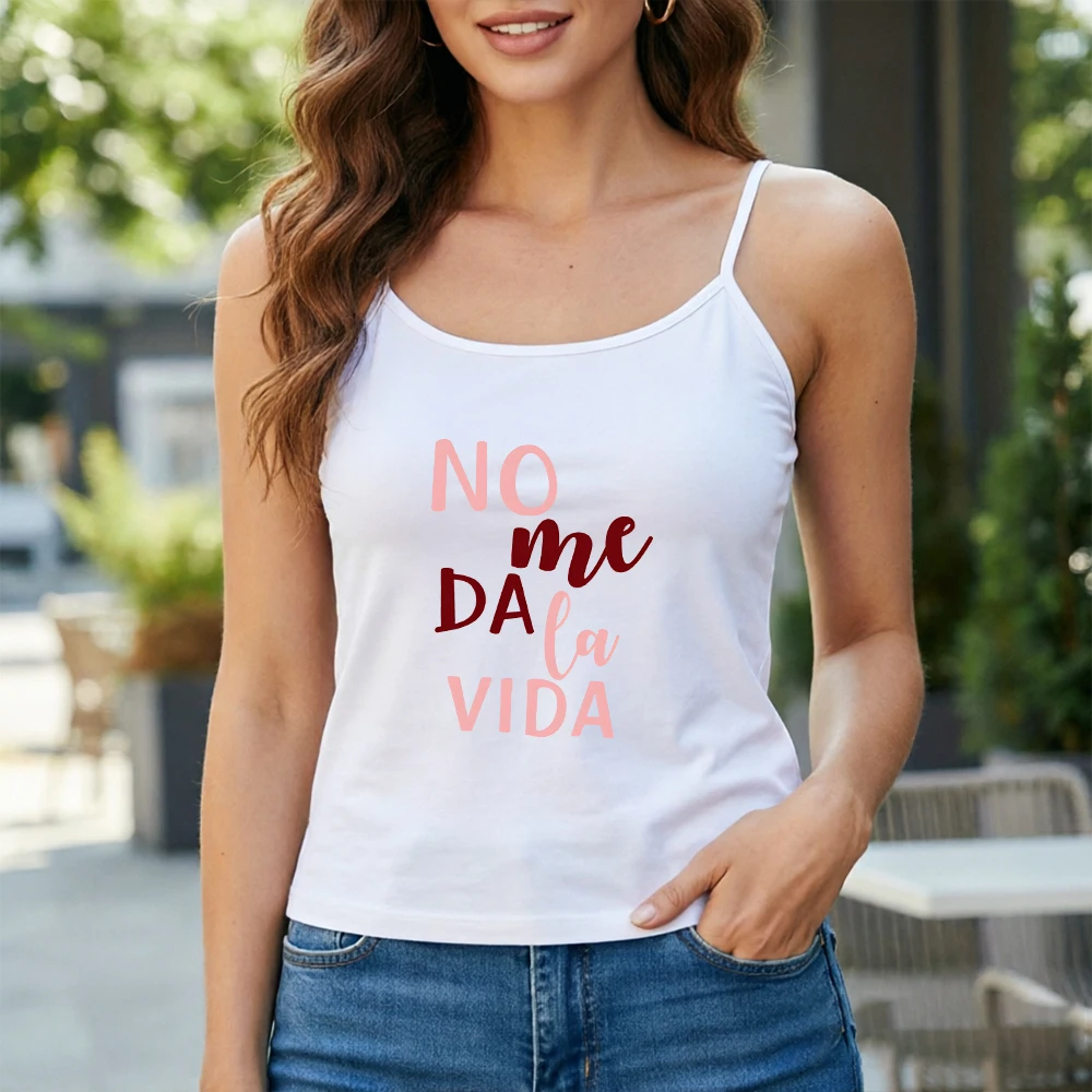 Womens Summer Spaghetti Strap Cami Top Casual Slender Tank Blouse with Spanish No Me Da La Vida Lettering Slogan Graphic Print