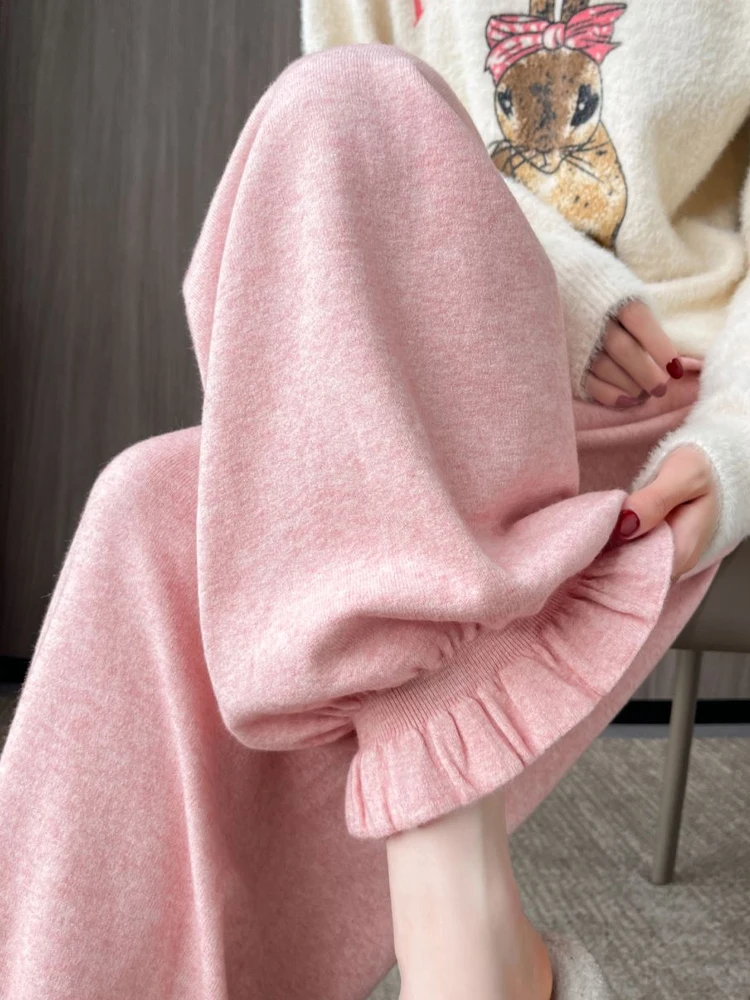 

Pink flower knitted pants for women 2025 New autumn winter high waist loose pants casual pants
