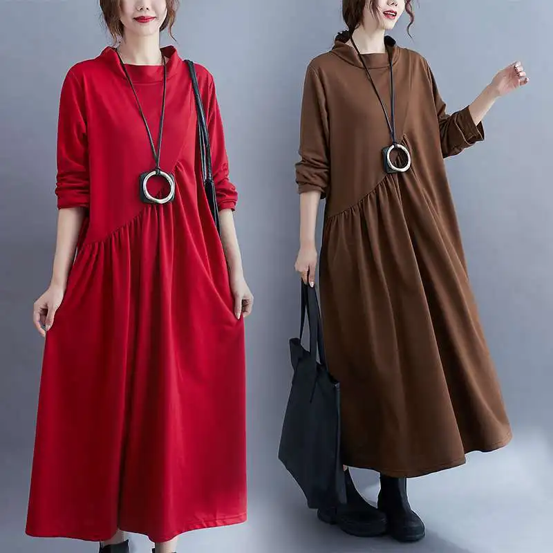 

Autumn knitted long sleeve dress Plus size irregular pressed pleated maxi skirt