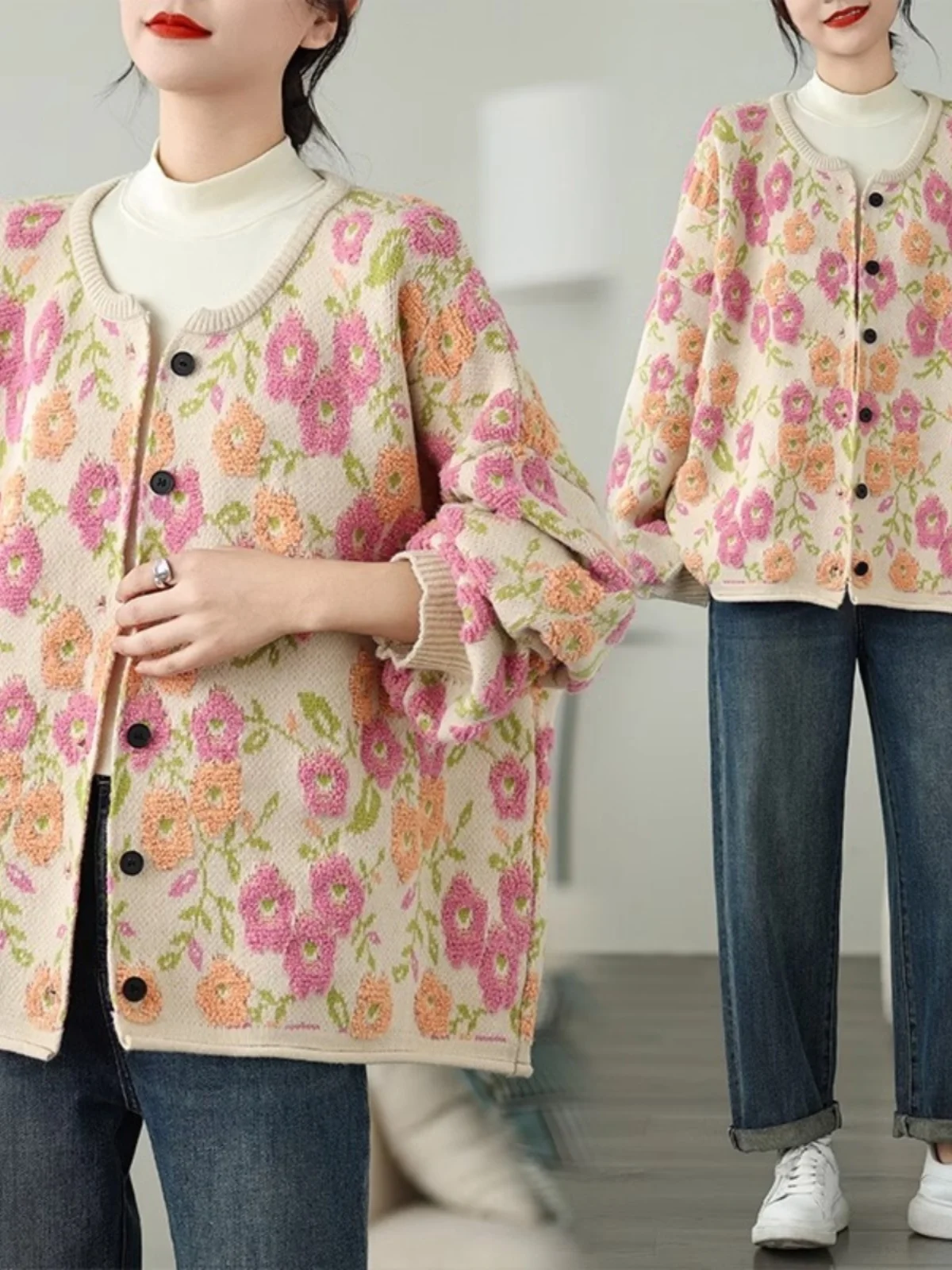 

Pink Floing Flower Knitted Sweater Coat Women's Loose Lazy Sle Design Thiened Soft Nurtured Autumn Winter Outerwear
