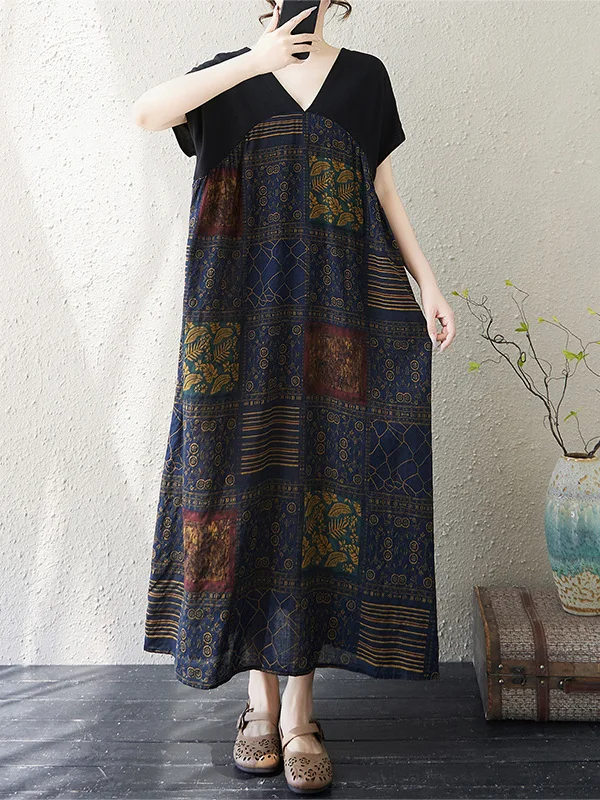 Vestido de Verão 2025 Solto Plus Size com Decote em V Estampado de Manga Curta que Disfarça a Barriga e Emaece, Vestido em ...