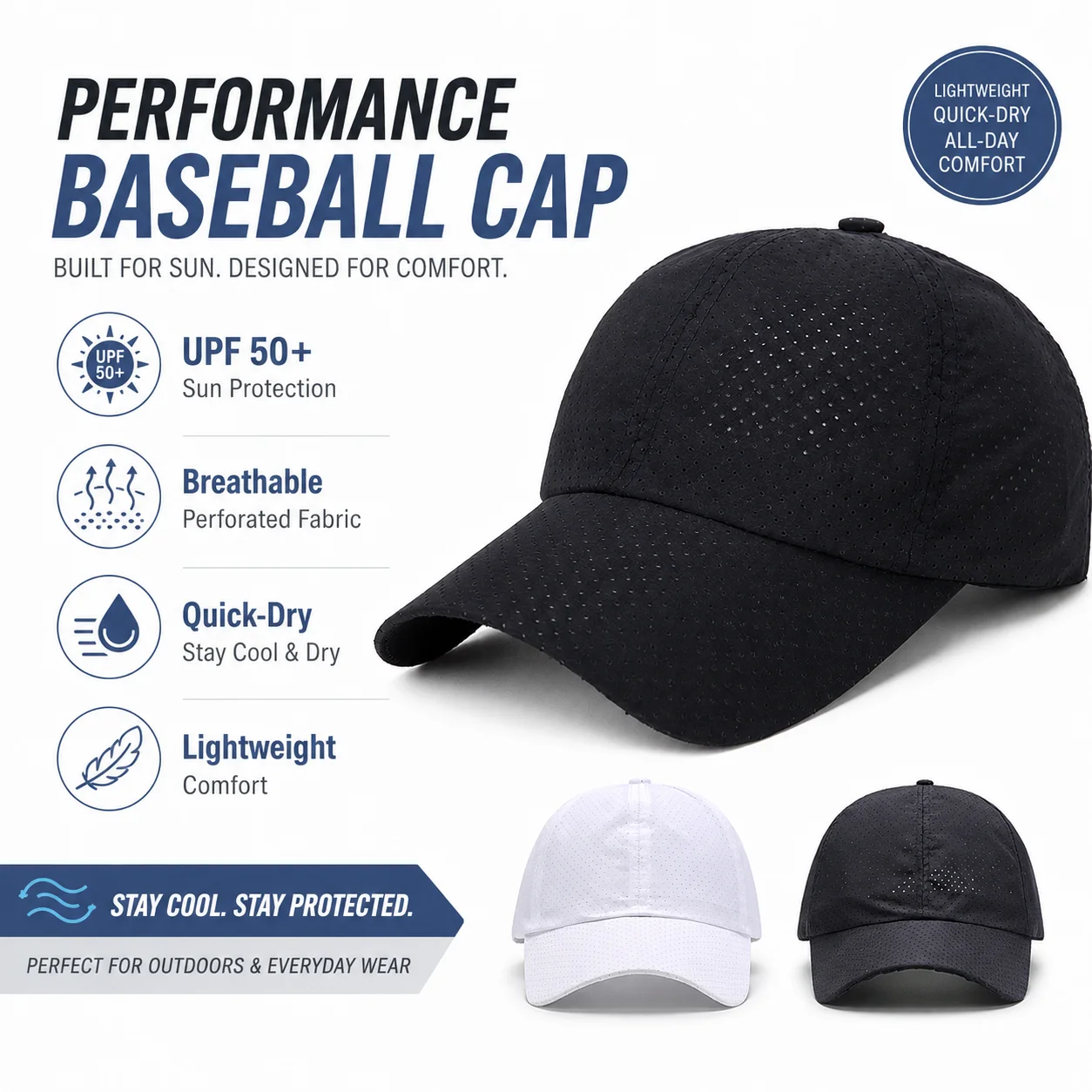 Quick Dry Perforated Performance Baseball Cap Lightweight Breathable Sun Protection Dad Hat Adjustable Strap Outdoor Running Fishing Golf Sports Sun Hat For Men Women