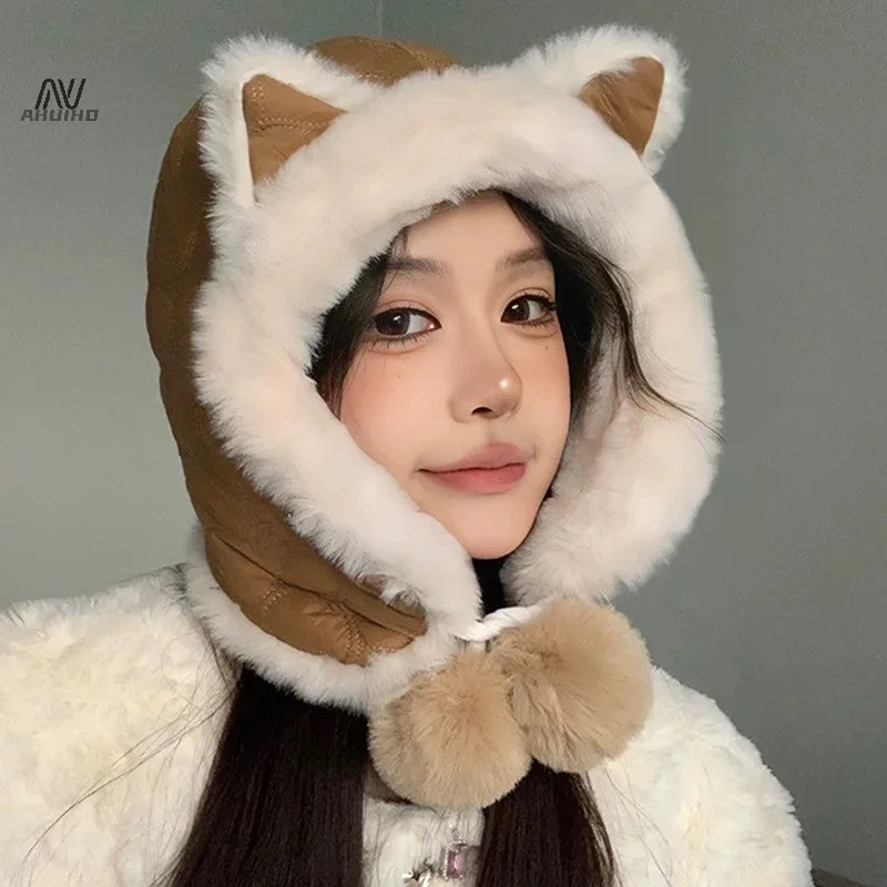 Cute Fox Ears Plush Hat Women's Winter Thickened Plush Warm Cycling Cold Ear Protection Bomber Hat