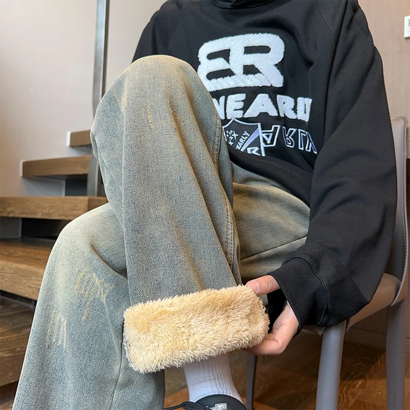 

Мужские джинсы Thiened Fce прямого кроя, осенне-зимние, в американском ретро-стиле, повседневные, прямые, удлиненные брюки