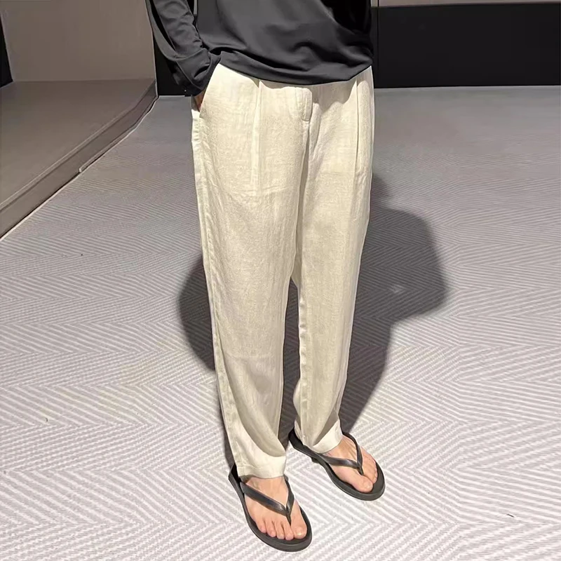 Pantaloni di lino tinta unita da uomo alla moda Pantaloni di lino dritti larghi drappeggiati casual autunnali Pantaloni di lino vintage da uomo streetwear