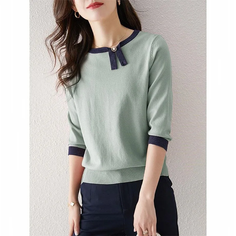 Spring Summer Casual Loose O-neck Pullovers Women Clothing Fashion Elegant Long Sleeve Patchwork Sweaters Office Lady Chic Tops