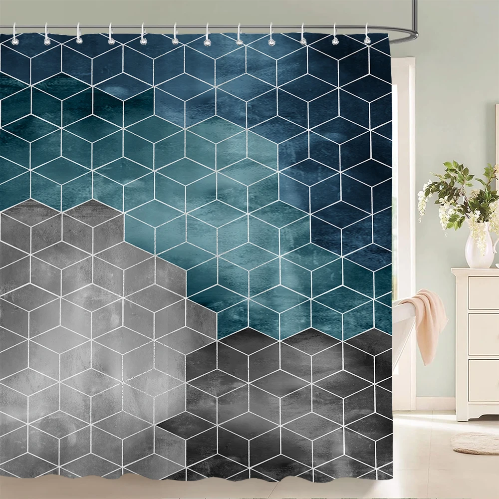 Hexagonal Geometry Bathroom Shower Curtain Waterproof Bathroom Curtains Polyester Bath Curtain Bathtub Bathing Cover with Hooks