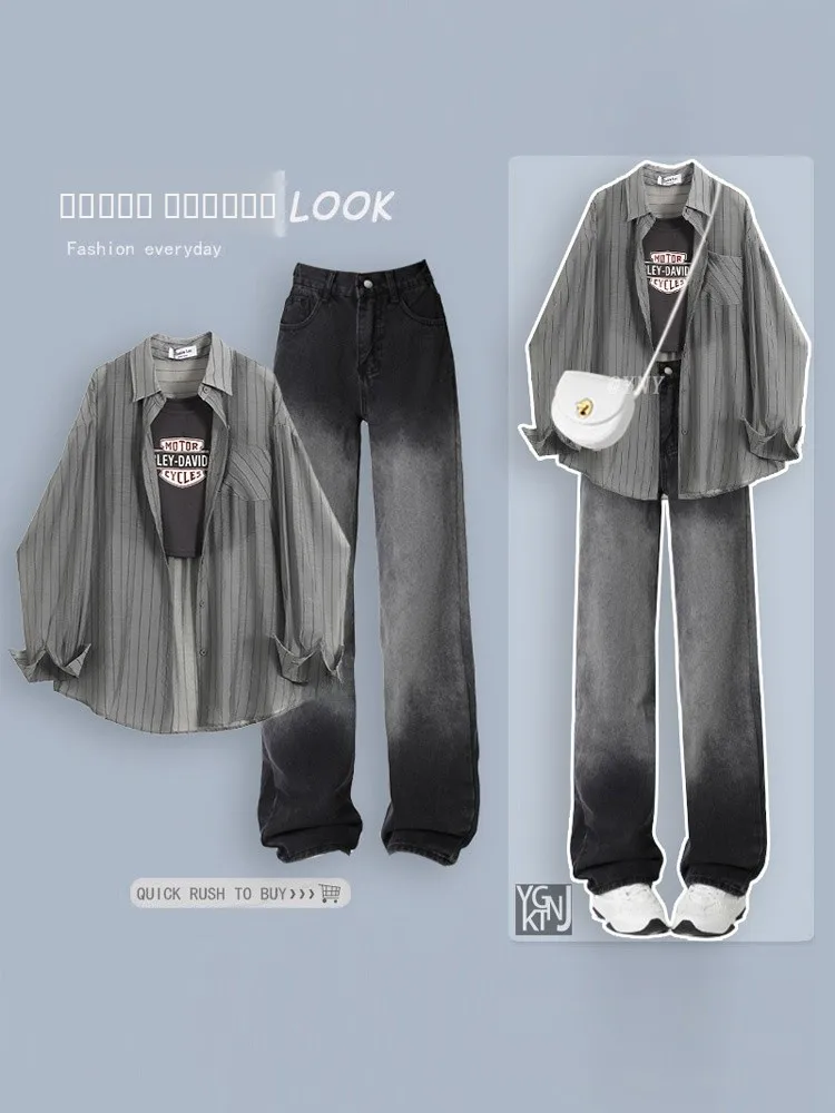 

Slim Fit adient Denim Casual Top Women's irt Thin Faion Stripes Collar Long Sve Polyester Fiber Summer 2024