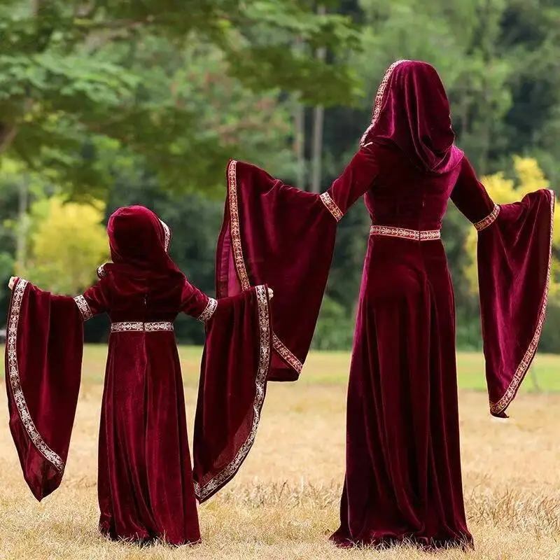 Medieval Victorian Dress For Women Steampunk Flare Sleeve Witch Robe Cosplay Gothic Costume Wine Red Hood Long Dress Vestidos