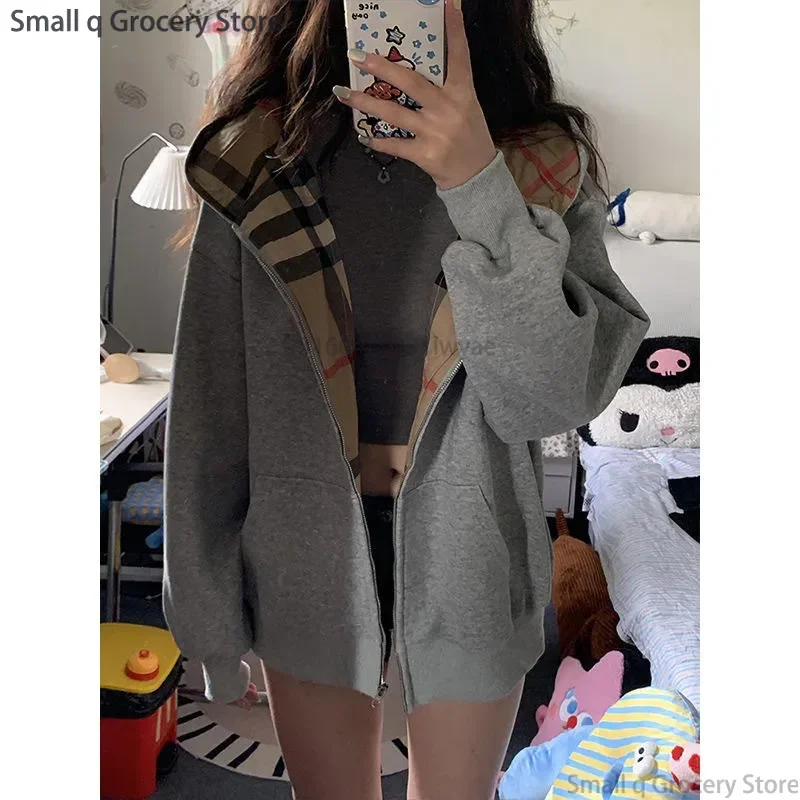 American Vintage Plaid Hooded Sweatshirt Cardigan Women's Oversize Idle Style Jacket 2024 Spring Autumn New Arrival Sleeveless