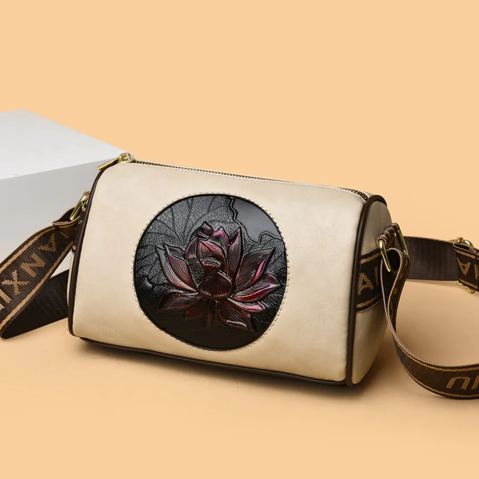 

3D Relief Lotus Flowers Women Handbag Pu Leather Shoulder Crossbody Bags for Women Kangaroo Brand Wide Shoulder Straps Sac New