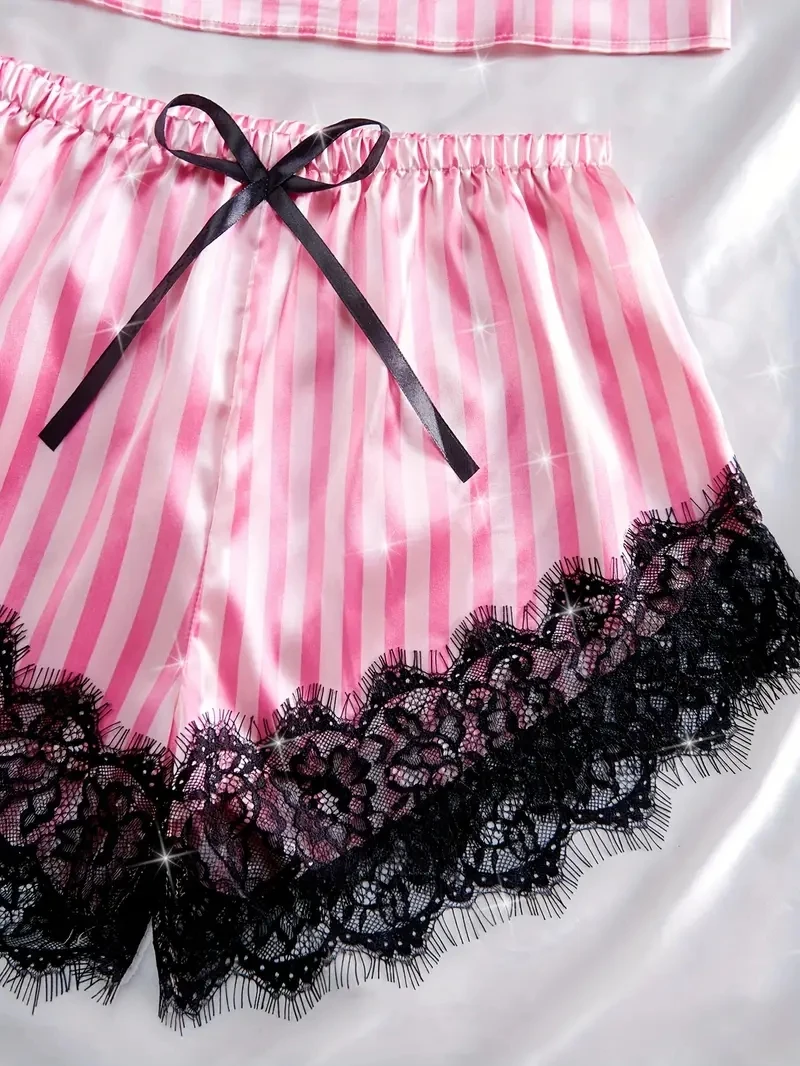 Sommer Seide Satin frauen V-ausschnitt Sexy Spitze Hosenträger Pyjama Shorts Set Streifen Herz Casual frauen Ärmellose Sexy Pyjama set – Detail 11