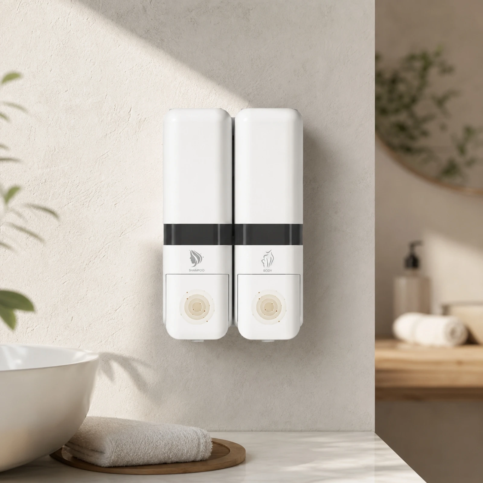 Wall-Mounted Dispenser with Two-Chamber Chambers Adhesive Shampoo and Body Wash Dispenser Easy to Install No Drill for Bathroom
