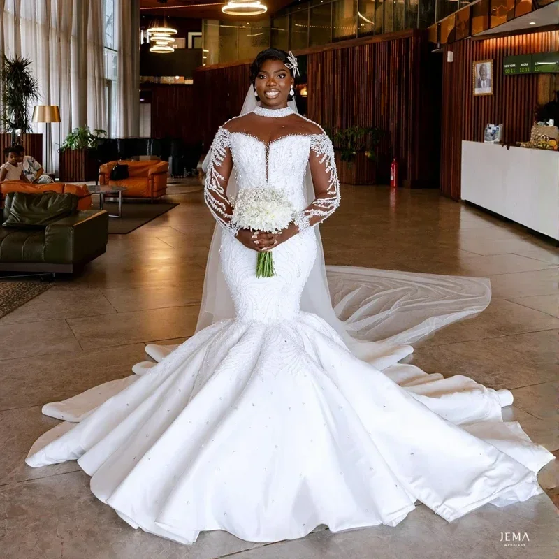 Customized Luxurious Aso Ebi Wedding Dresses For Bride African Arabic Plus Size Bridal Dress Mermaid Long Sleeves Shining Countr