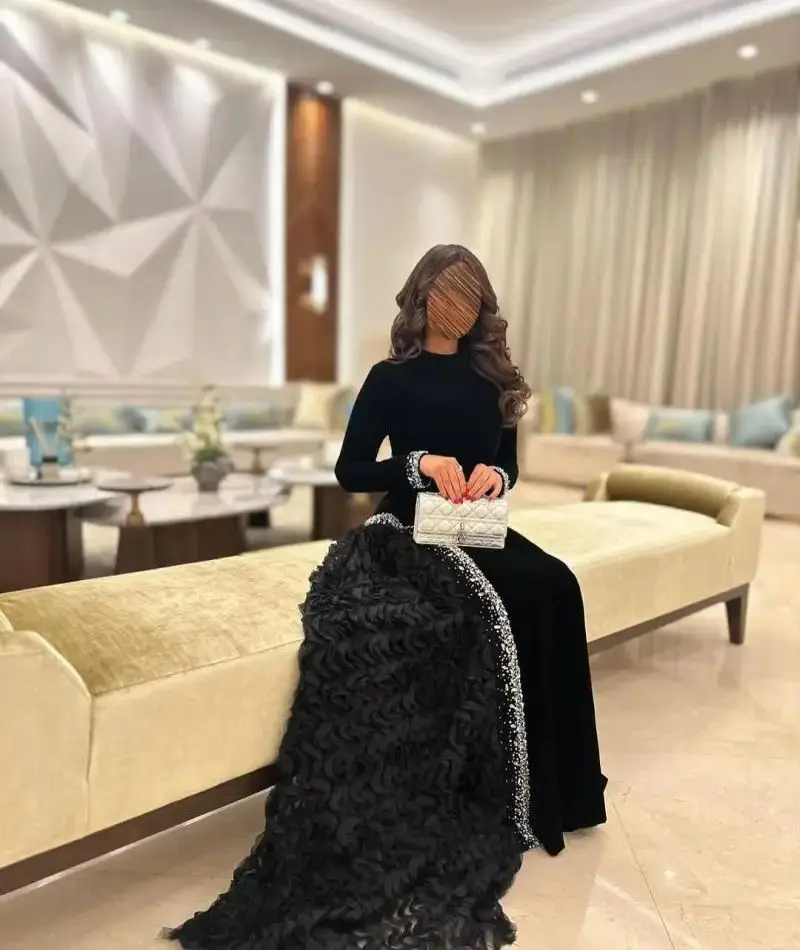 Jirocum Luxury Black High-Neck Prom Dress Velvet Sequined Ruffle Long-Sleeve Trailing Gowns Formal Gala Upscale Evening Dresses