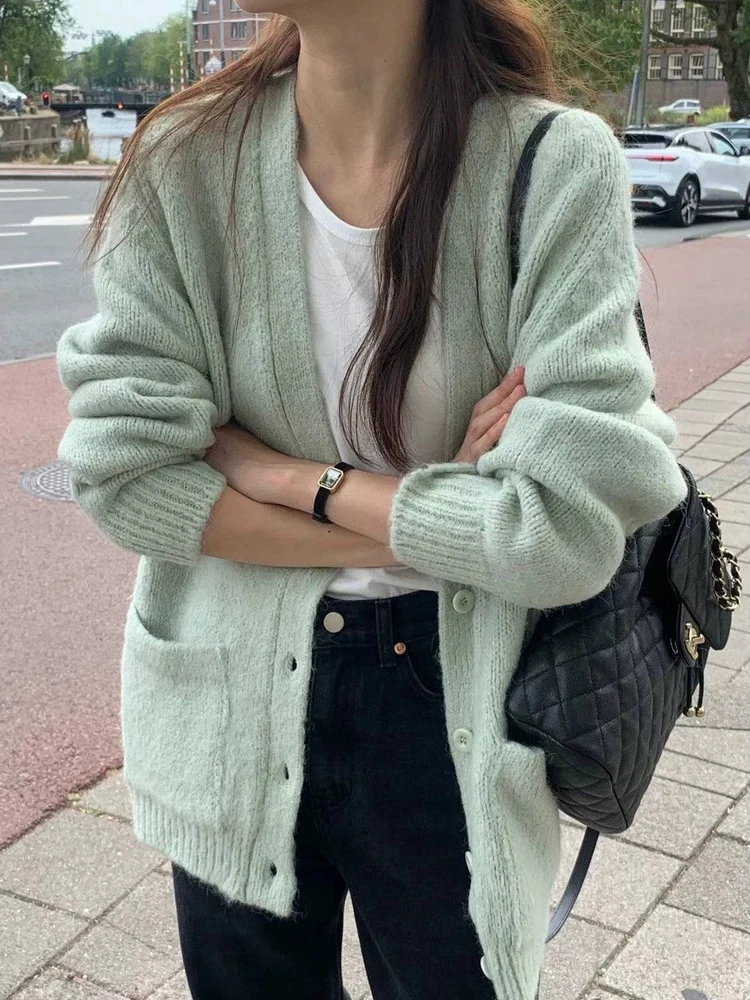

Мягкий уютный женский вязаный открытый кардиган V-Ne Long Sve Свободный свитер на пуговицах с капюшоном Осенняя одежда
